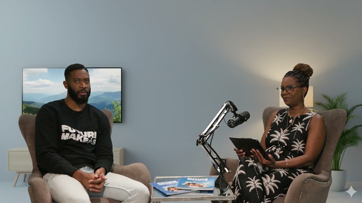 Two guests recording a podcast at Adtelligent Studios